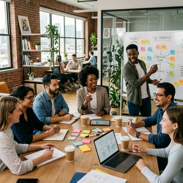 Onbright team collaborating and brainstorming in a modern agency office
